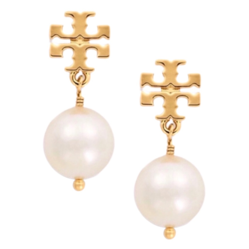 TORY BURCH • Gold Pearl Logo Drop Earrings - Picture 3 of 4